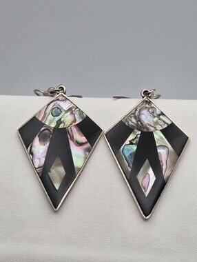 Vintage Alpaca Silver Abalone & Black Onyx Kite Dangle Earrings 2.5"